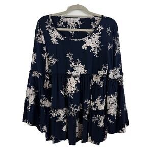 Peasant Dark Floral Navy Blue Jodifl Top Bell Sleeve Small Tiered Ruffle Boho